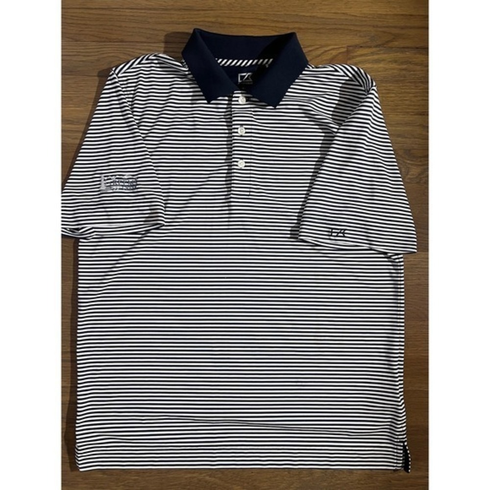 Cutter & Buck Mens Navy White Striped DryTec Golf Polo Shirt Reems Creek Medium
